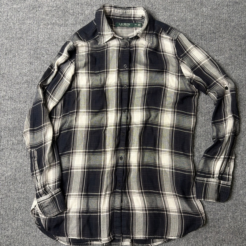 Lauren Ralph Lauren Women's Plaid Button Up Shirt Long Sleeve Navy PS Petite S